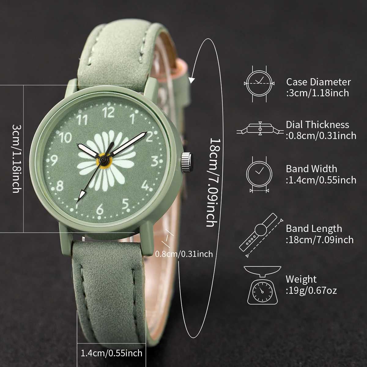 4PCS/Set Fashion Green PU Leather Strap Flower Quartz Watch with Bracelet (Box not Included) W250724