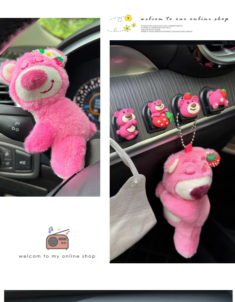 Internet celebrity strawberry bear cute car interior decoration doll parking sign hook display screen car accessories decoration