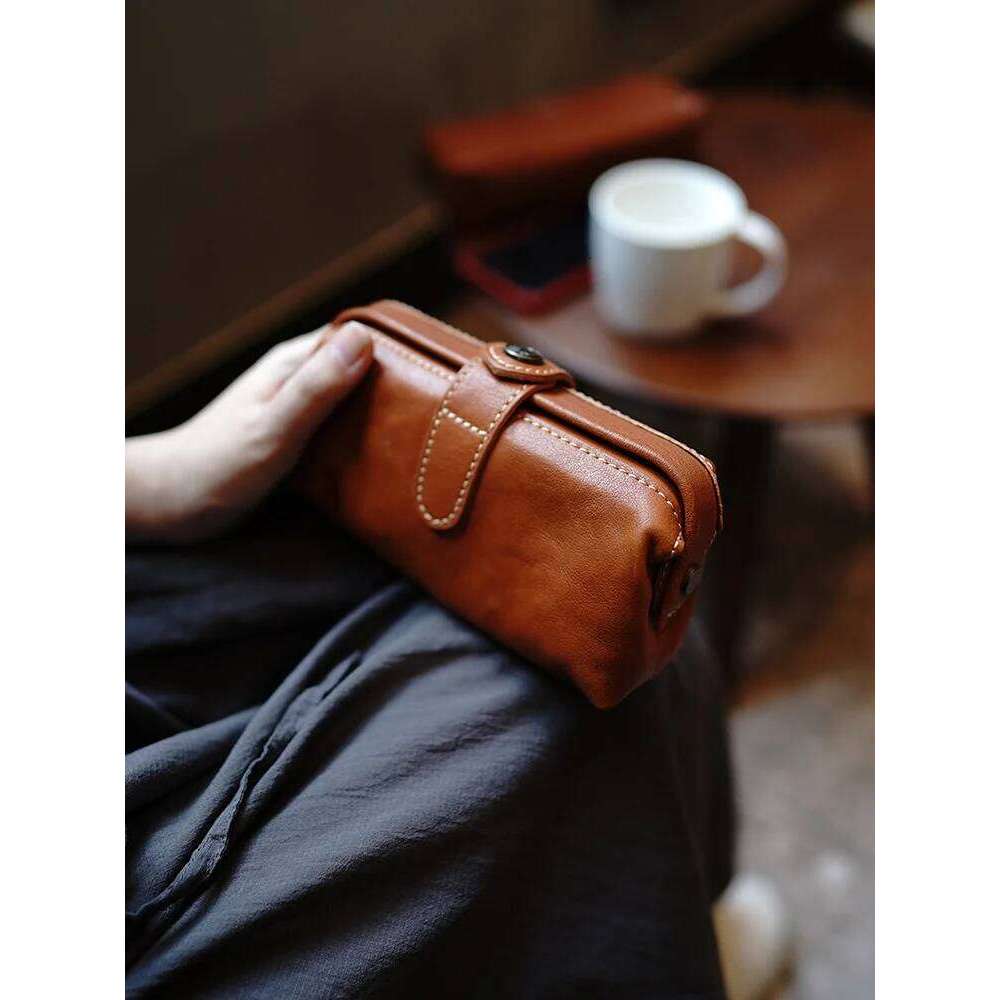 Missdeer Vegetable Tanned Cow Leather Simple Mouth Gold Clip Stationery Cosmetics Storage Pencil Bag
