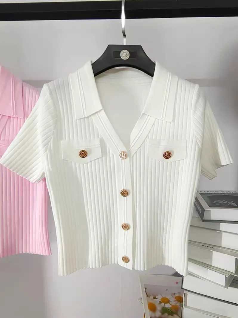 2024 Summer Womens Sweater Cardigan Slim Knit Ice Silk Crop Tops Knitwear Short Sleeve V-neck Elegant Fashion Chic Ladies Jumpsuit X250724