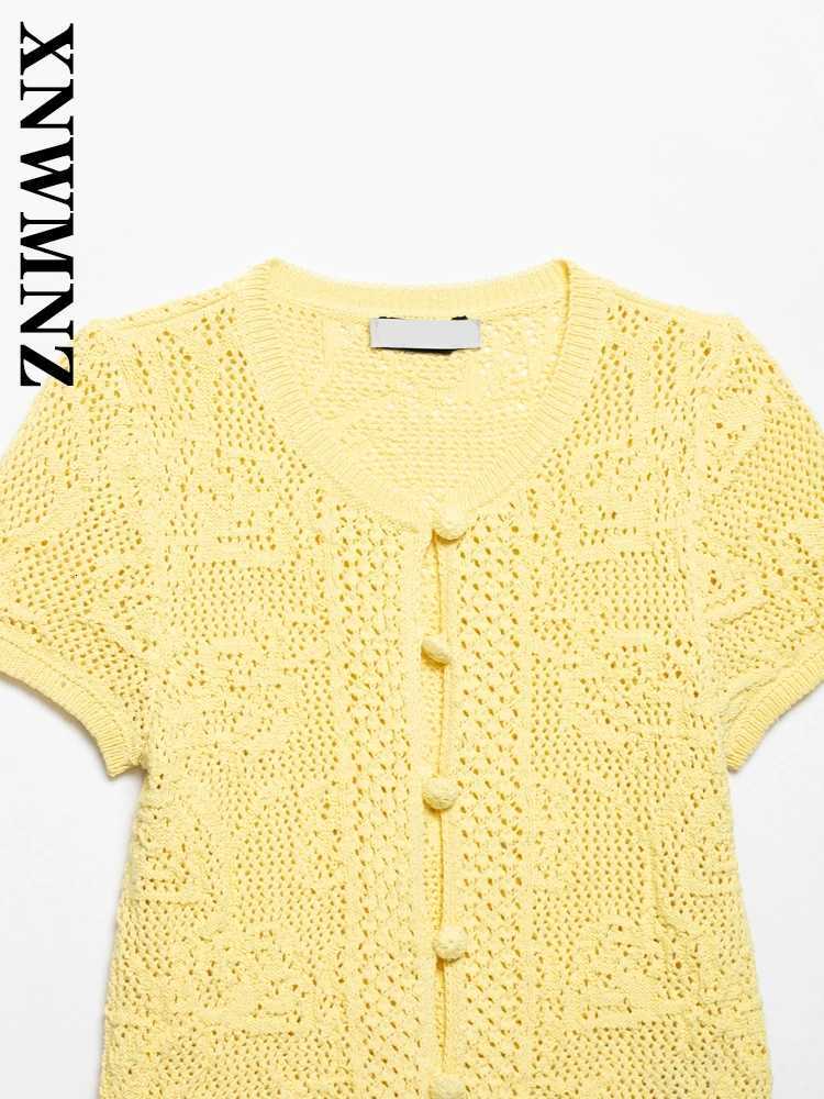 2025 Summer Women Fashion Commuting Short Sleeve Crochet Knitted Cardigan Elegant Simple Lady Yellow O-Collar Sweater X250724
