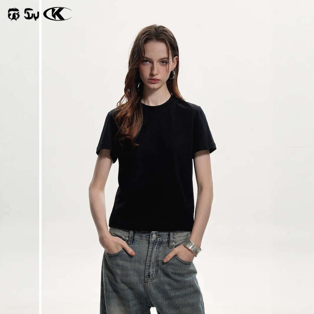 11Kn Pure Cotton Casual Cool Antibacterial Basic Slim Fit High-End Breathable Round Neck Short Sleeve Regular Shoulder T-Shirt For Women