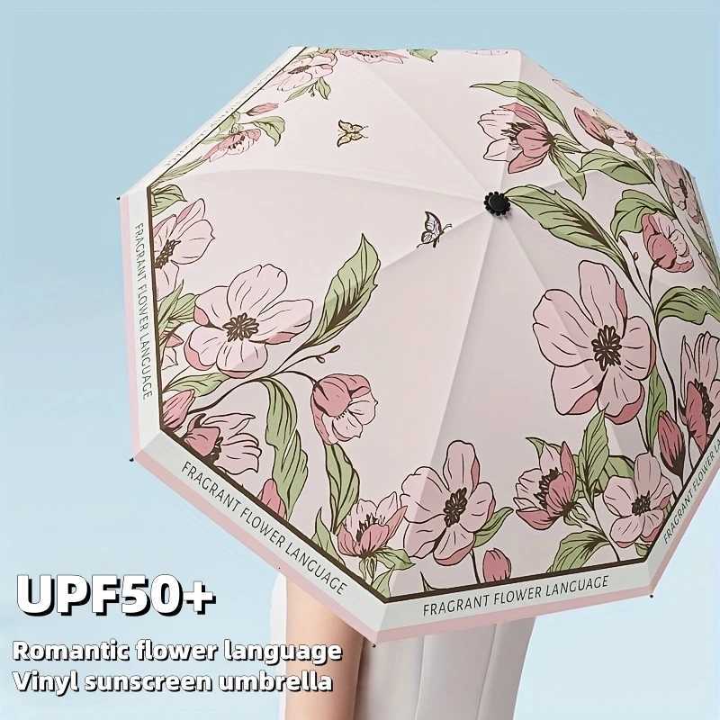 50+ Sun Umbrella Romantic Flowers Print UV Protection Umbrella Elegant Vinyl Coating Rain Parasol Sun Shade Folding Umbrellas R250724