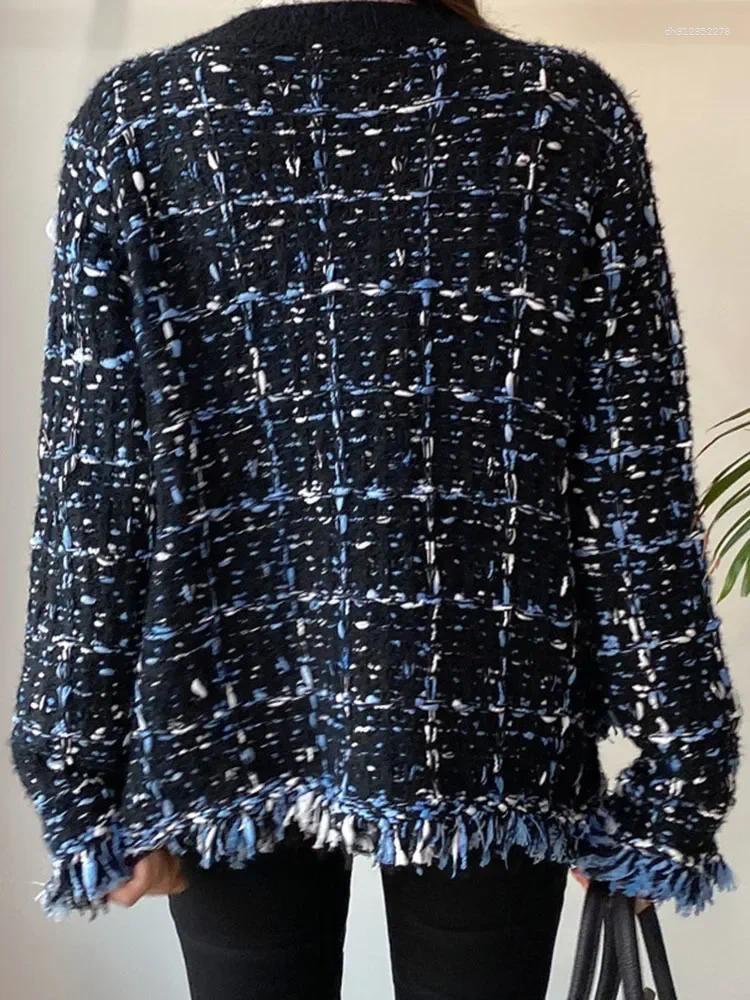 Designer Women's Jackets - Chanel-style Vintage Tassels Patchwork Jacket Contrast Color V-neck Single Breasted Loose Coat Female Casual Fashion T