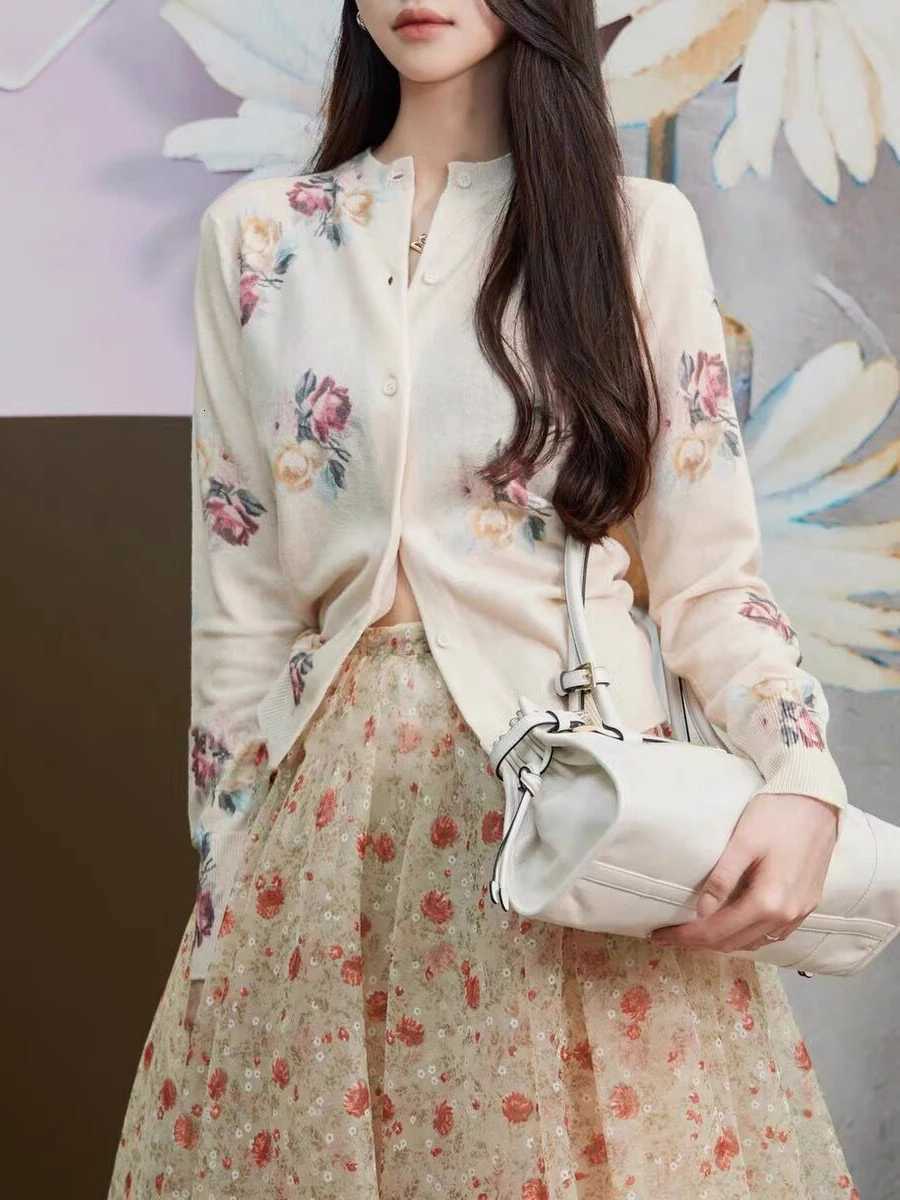Print Flower Cardigan Women Long Sleeve Top Loose Chic Korean Sweater Spring Autumn Streetwear Knitted Female Cardigans C-318 X250724