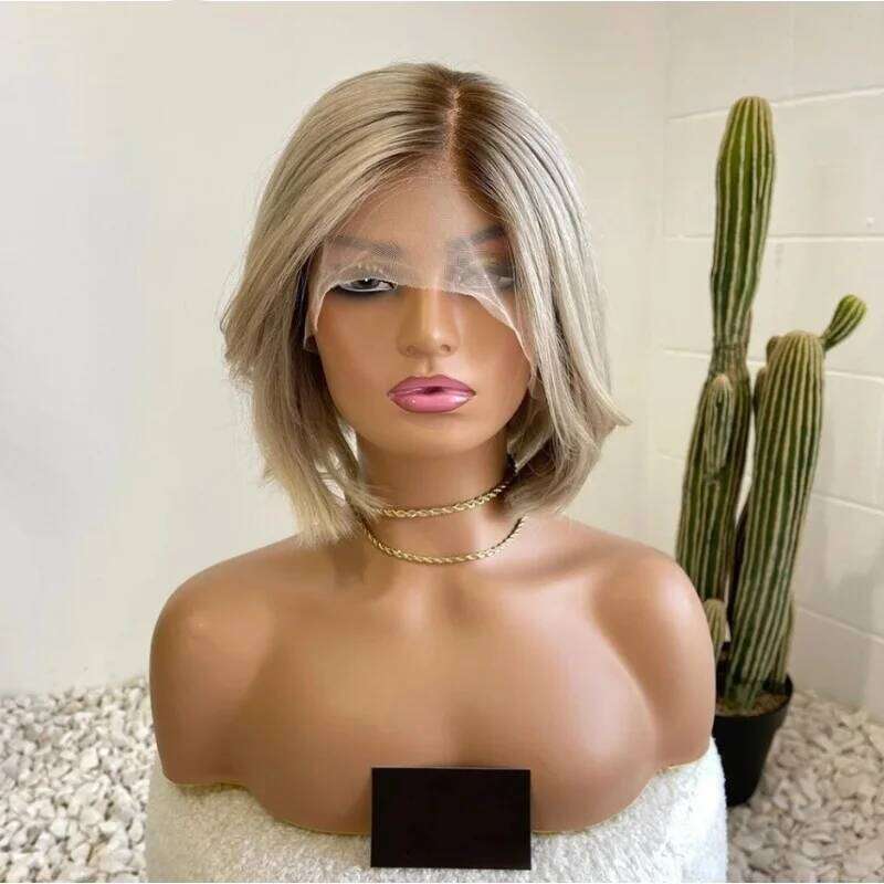 Straight Synthetic Lace Front Natural Preplucked With Free Part Ombre Ash Blonde Short Heat Resistant Fiber Wig
