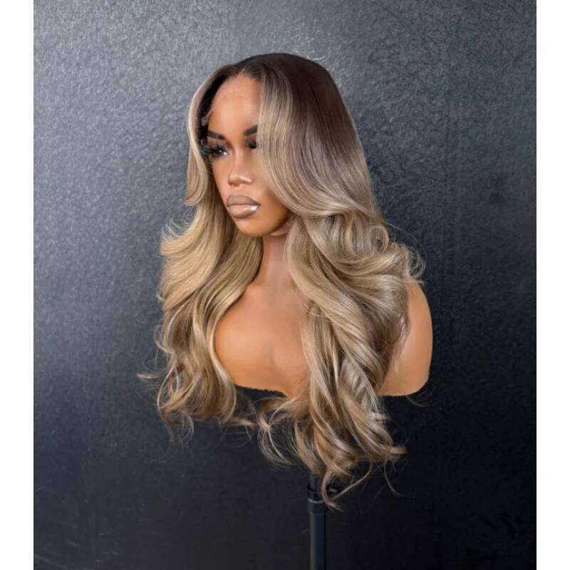 Ombre Ash Brown Streaks Layered Lace Front Wig Dark Root Long Loose Wavy 20 Inches Synthetic Wigs For Women