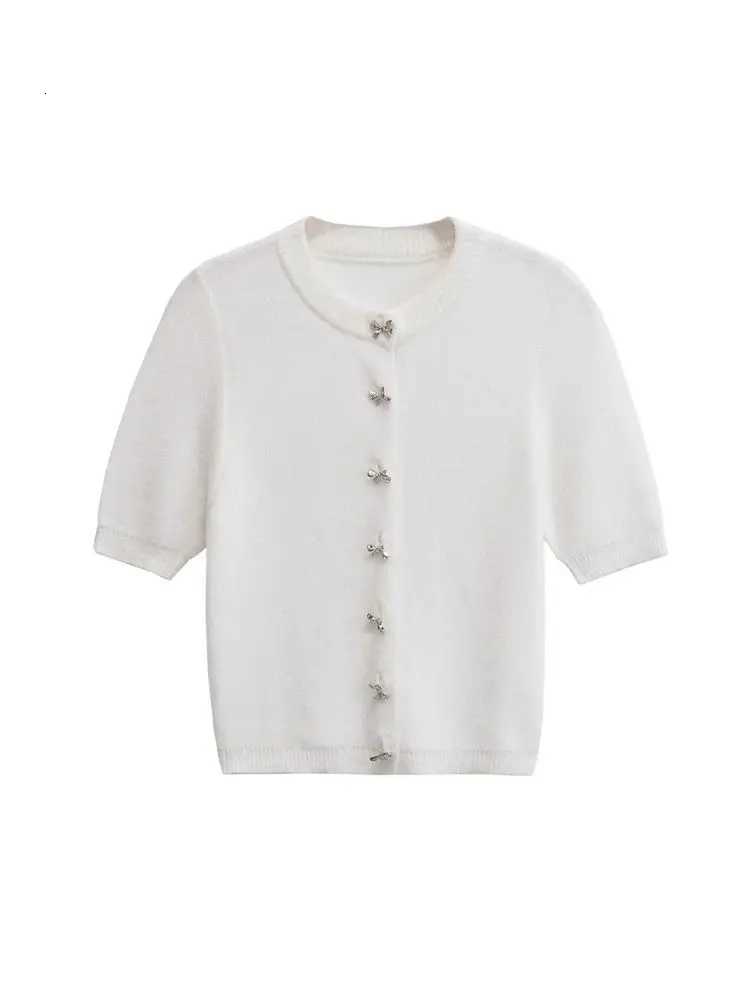 100% Cotton Knitted Cardigan Sweater with Buttons Round Neck Short Sleeve Female Outerwear Chic Tops Fashion X250724