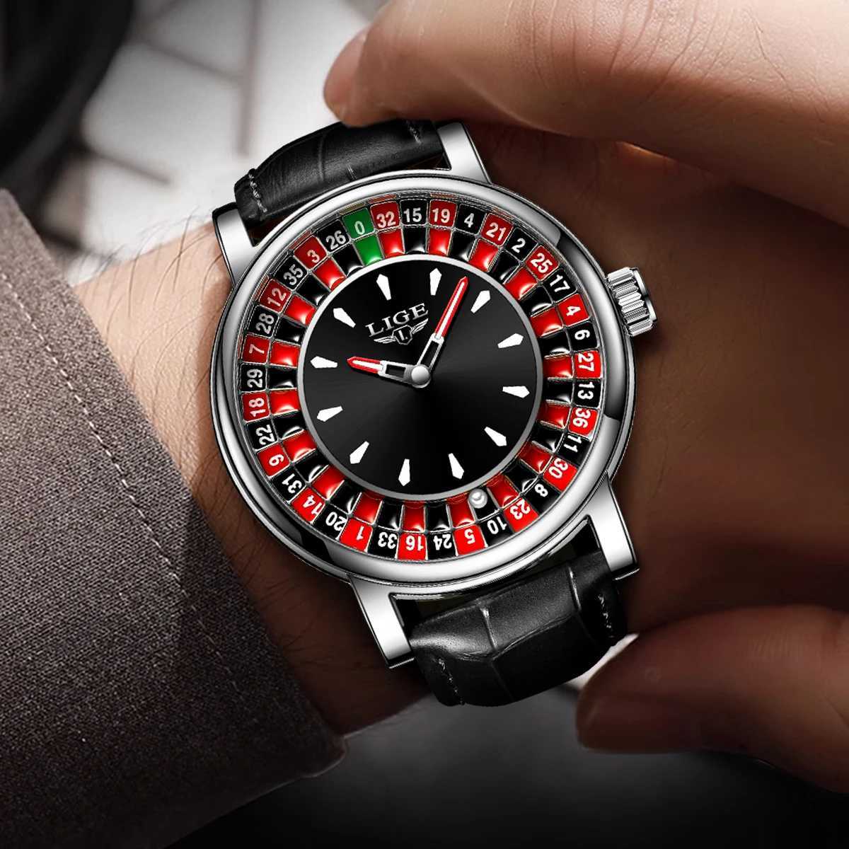 LIGE Quartz Mens Watch Fashion Luxury Creative Roulette Game Dial Design Leather Casual Life Waterproof Watches for Men Gifts + Box W250724