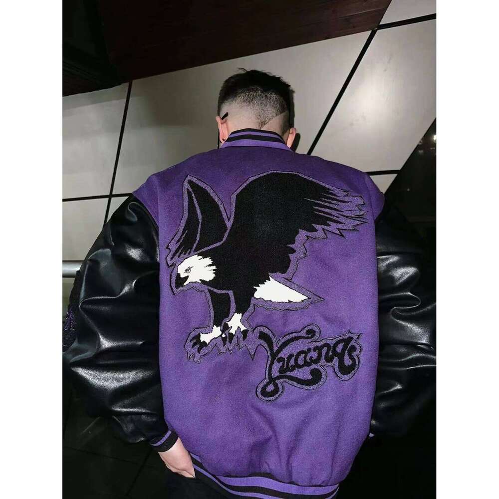 Women's Wear Vintage Varsity Jacket Men Purple Baseball Jackets Embroidery PU Faux Leather Sleeves Spring Autumn Women Bomber Coat