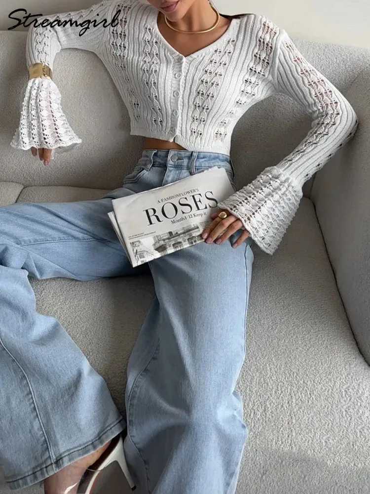 Summer Crop Cardigan For Women Hollow Out Knitted Coffee Short Cardigans V Neck Burgundy Clothes Crochet Cardigan Long Sleeve X250724