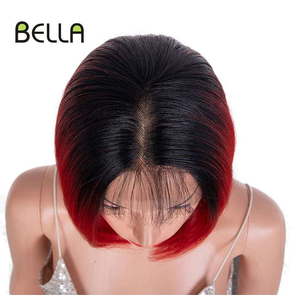 Bella Synthetic Lcae Front Short Bob Human Hair Cosplay Wig Ombre Red Color Heat Resistant For Black Women