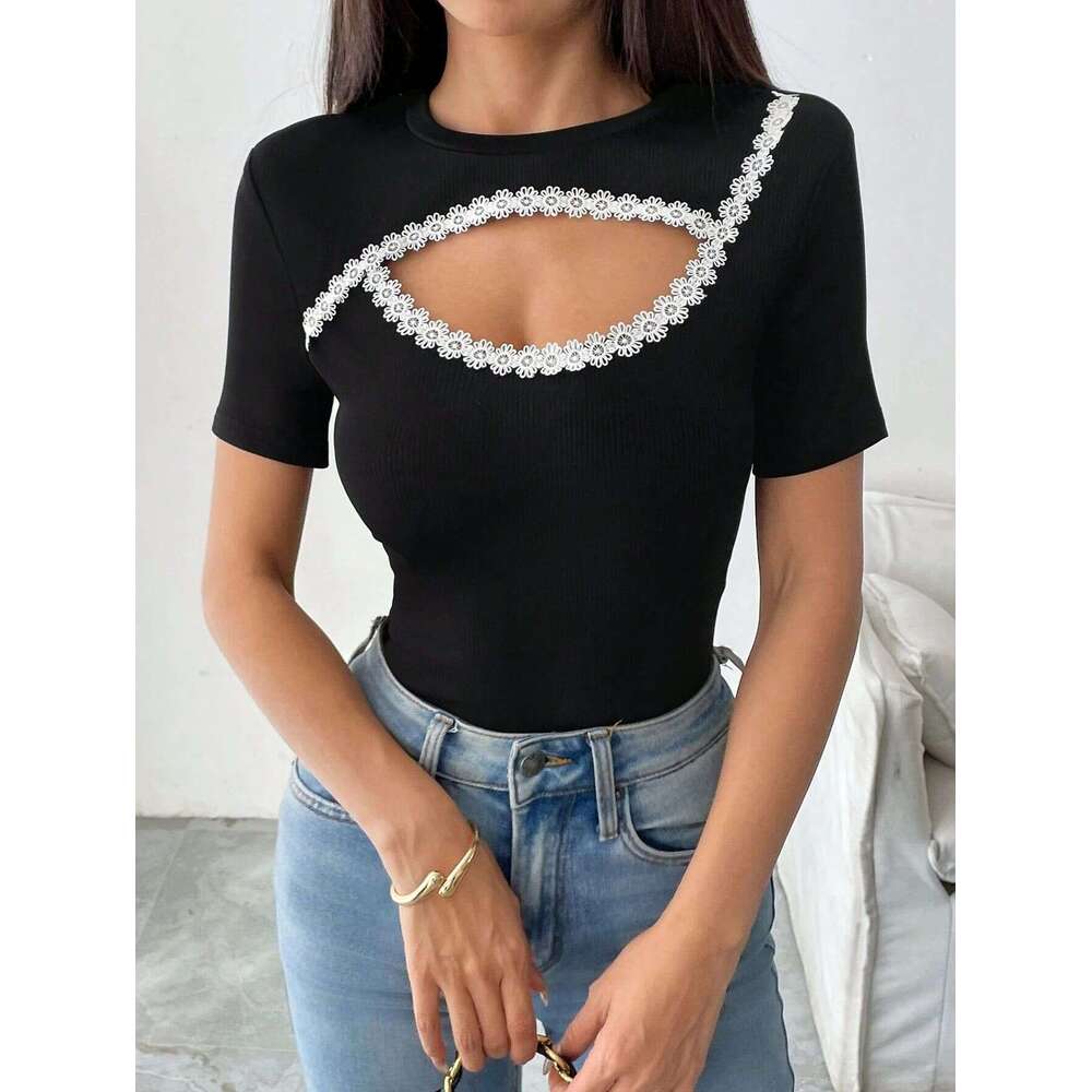 sxzy 2025 summer new solid color decorative patch round neck short sleeve fashion tshirt top for women