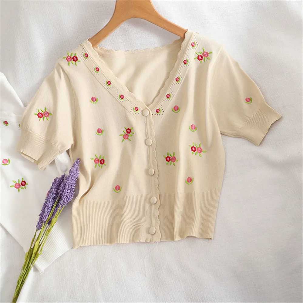 Korean Fashion Knit Crop Cardigan White Color Floral Embroidery Cardigan Shirts V Neck Button Front Top Puff Sleeve Vintage Tops X250724