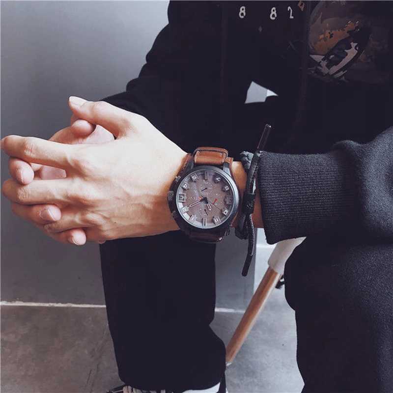 1KAZ Luxury Business Men Quartz Watch Classic Retro Mens Watches Big Dial Leather Strap Date Military Wristwatch for Man W250724