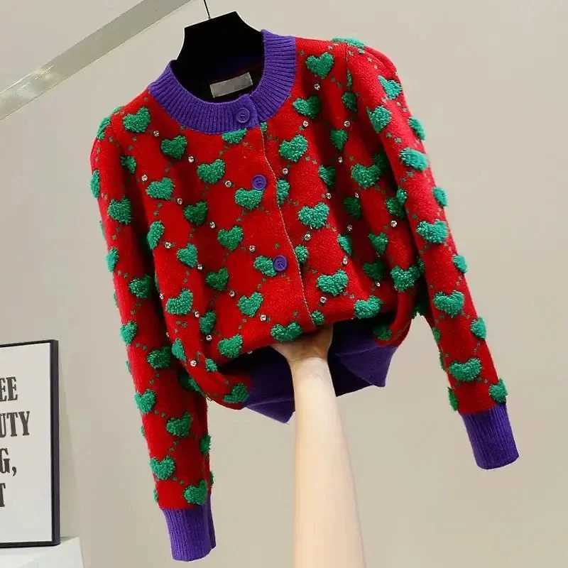 Heart Plaid Viscose Wool Thick O-Neck Vintage Knitted Womens Cardigans Sweater Fashion Single Breasted Short Cardigan For Women X250724