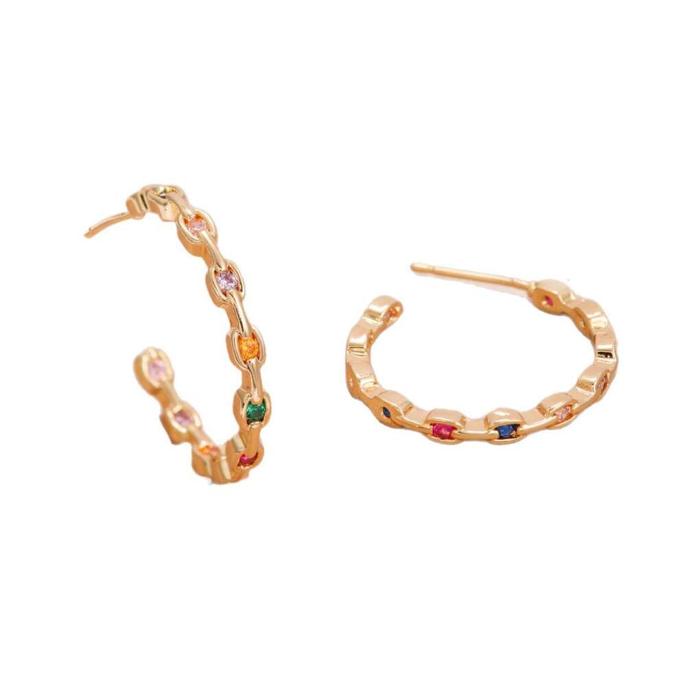 French Fashion C-Shaped Full for Women, Colorful Dia INS Style Micro Pave Zirconia Luxurious Simple Hoop Earrings with Real Gold Plating