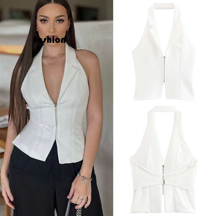 TRAFZA Women's Summer New Backless Buckle Slim Fit V-Neck Halter Tank Top B5 b6