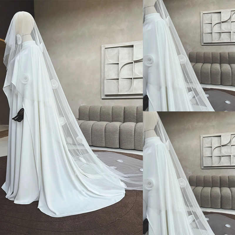 New Lace Wedding Veil 3 Meters Long White Ivory Bridal Headpiece Elegant with 3D Floral Appliques Comb For Marriage Bride Women's Accessories Cus