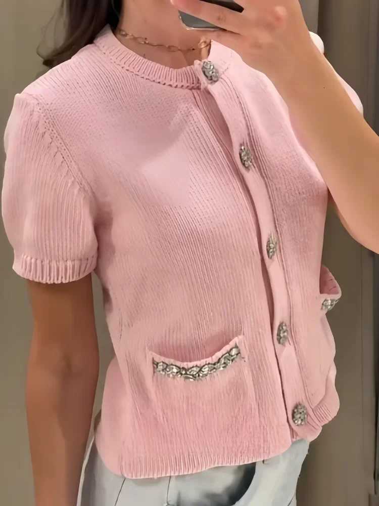 Womens Autumn Casual Knitted Cardigan Single Breasted Round Neck Pocket Cardigan Half Sleeve Womens Sweater X250724