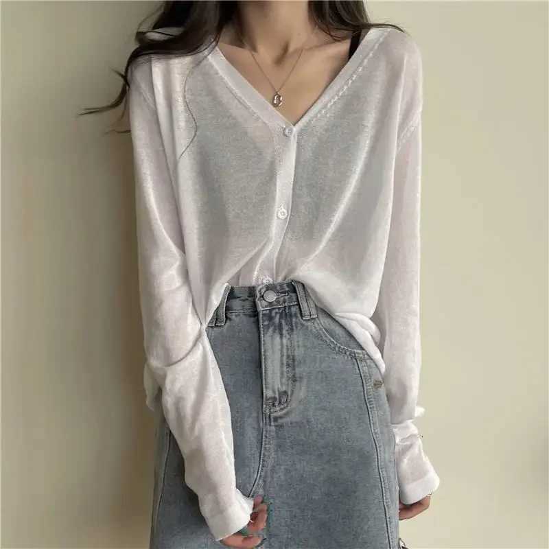 2024 Korean Simple Style Comfortable Ice Silk Thin Knitwears Solid V Neck Long Sleeve Slim Fit Button Cardigan X250724