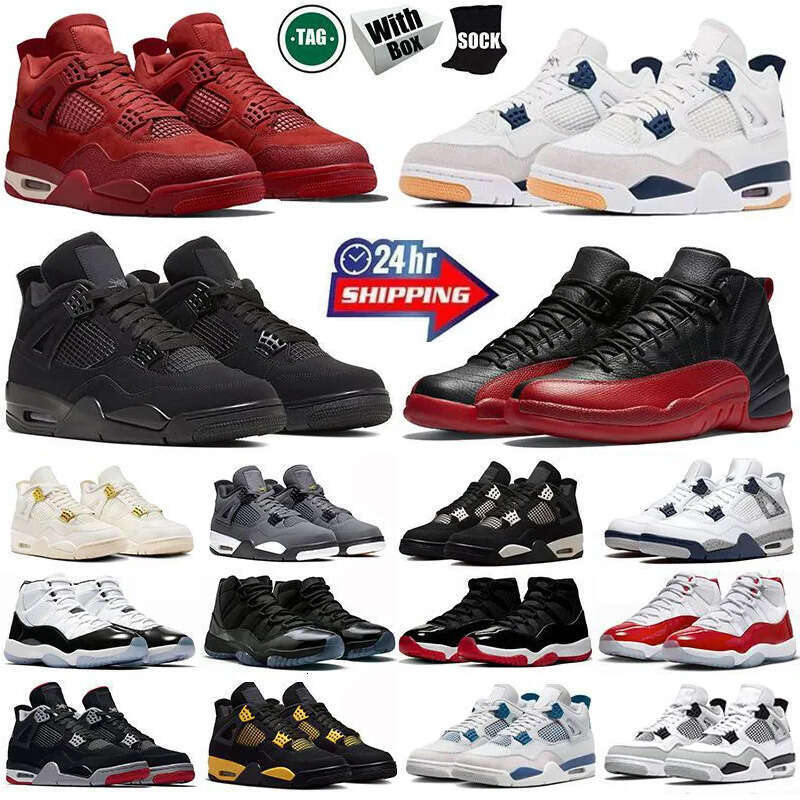 With box designer shoes Black Cat 4s 11s 12s basketball shoes for men women Military Blue Bred White Thunder Red Cement Pine Green Sail Olive mens trainers sneakers