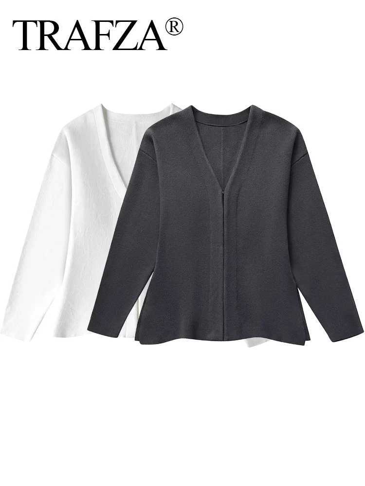 TRAFZA Women Autumn Fashion Sweater Elegant Solid V-Neck Long Sleeve Single Breasted Knitted Coat Tops Female Casual Cardigans X250724