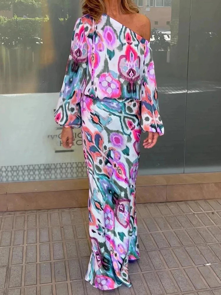 Autumn Casual Loose Print Two-piece Women Off Shoulder T-shirt Asymmetrical Long Sleeved Top And Half Body Fishtail Skirt Set 250724