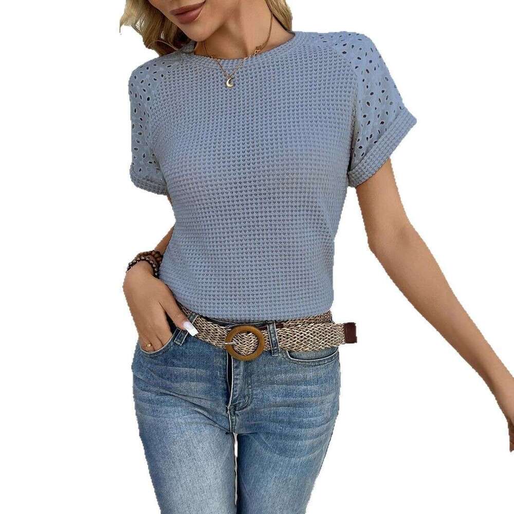 sxzy 2025 new spring summer round neck lace patchwork short sleeve tshirt womens top