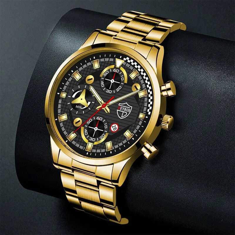 2PCS Fashion Mens Gold Bracelet Watches Set Men Business Stainless Steel Quartz Watch Male Calendar Date Wristwatch Reloj Hombre W250724
