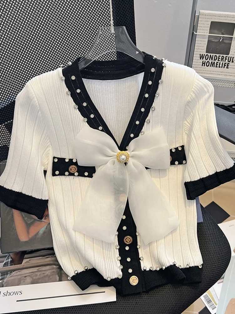 2025 New Summer Fashion Women Bow V Neck Single-Breasted Knitted Short Sweater Patchwork Color NailDiamond Cardigan Tops Female X250724