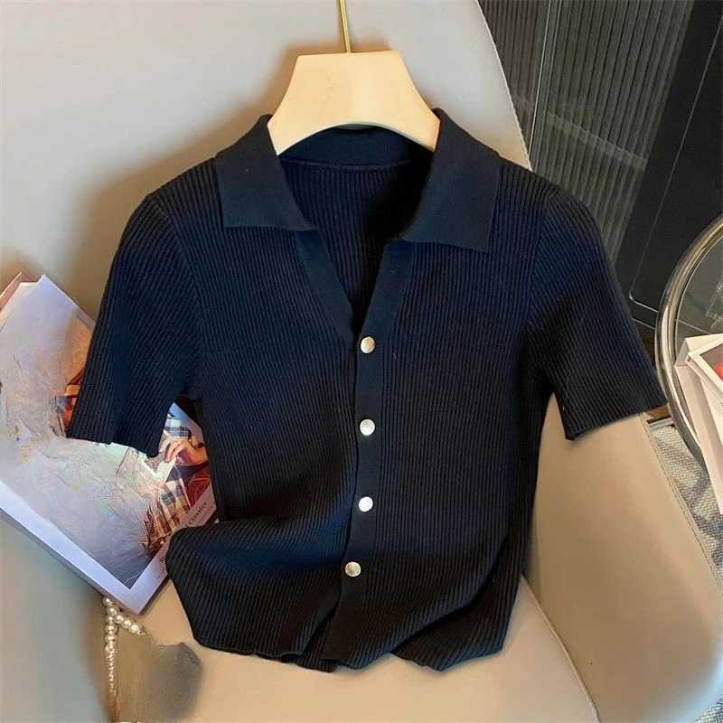 2025 Korean Summer Thin Cardigan Short Sleeve T-Shirt Casual Single Breasted Knitted Polo-neck Shirt for Women X250724
