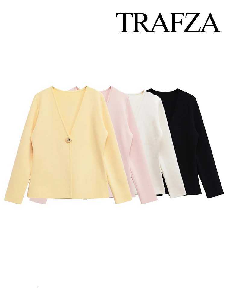 TRAFZA Womens Fashion Solid V-Neck Elegant Slim Long Sleeve Cardigans Top Female Elegant Golden One Button Casual Knitted Coat X250724