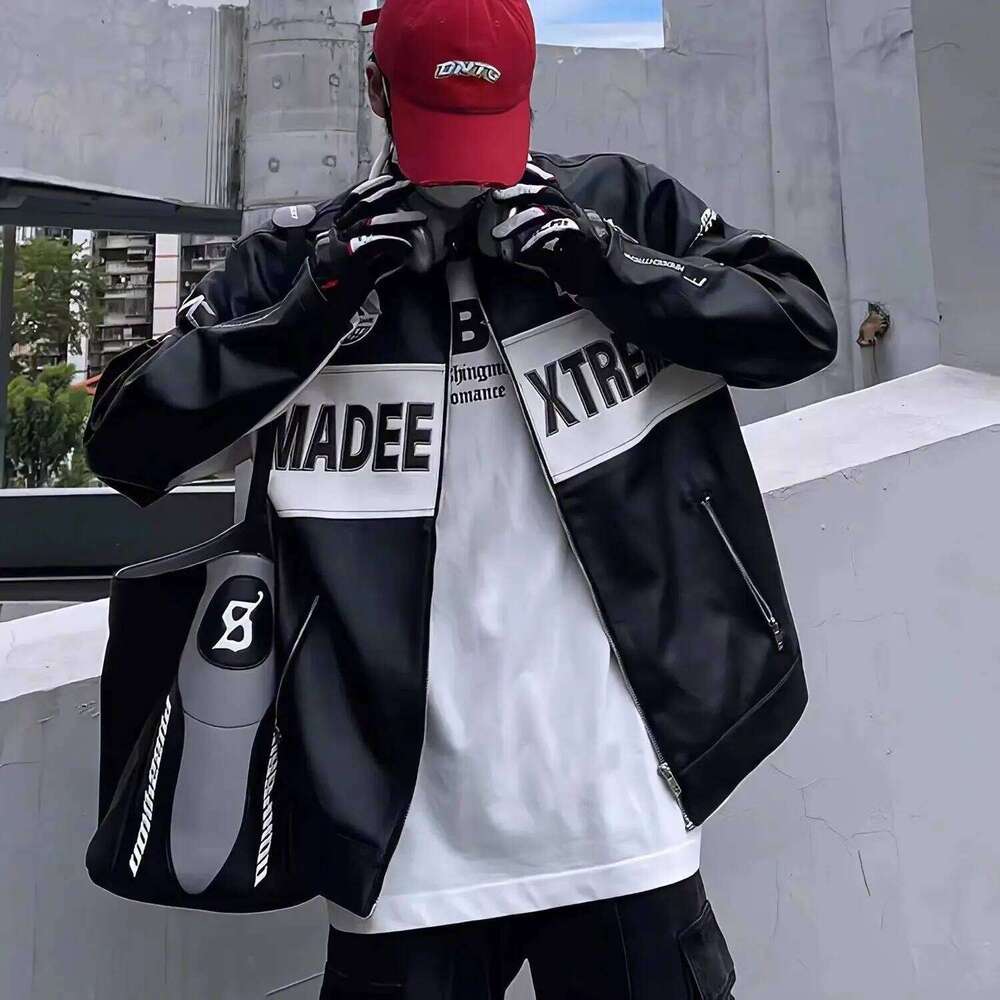 Women's Wear High Street American Retro Color Blocked Embroidered Motorcycle Leather For And Women Hip Hop Jacket Men Clothing