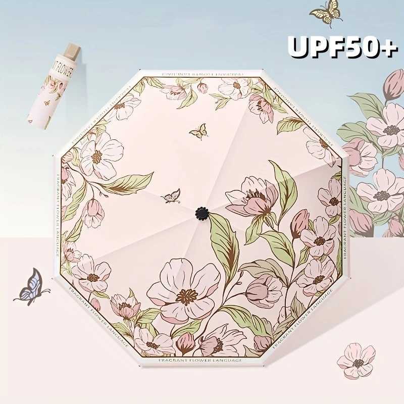 50+ Sun Umbrella Romantic Flowers Print UV Protection Umbrella Elegant Vinyl Coating Rain Parasol Sun Shade Folding Umbrellas R250724