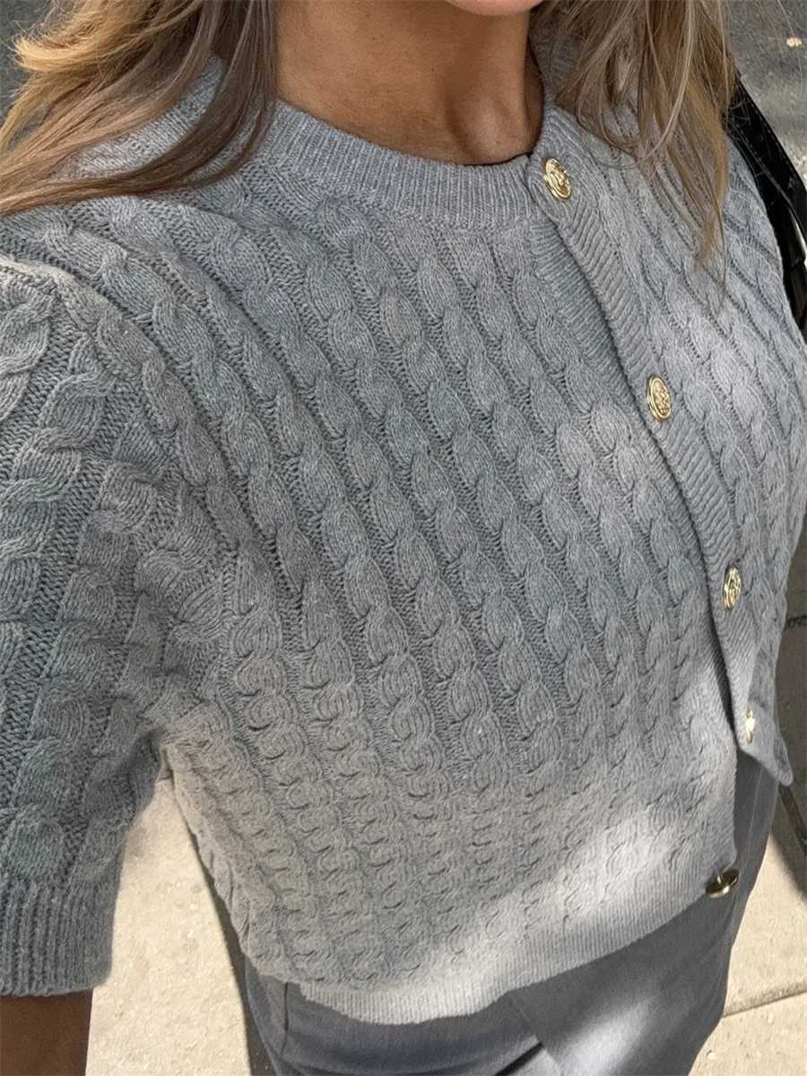 Womens Cable Knit Cardigan Solid Color Round Neck Short Sleeve Button-front Closure Crop Sweaters X250724