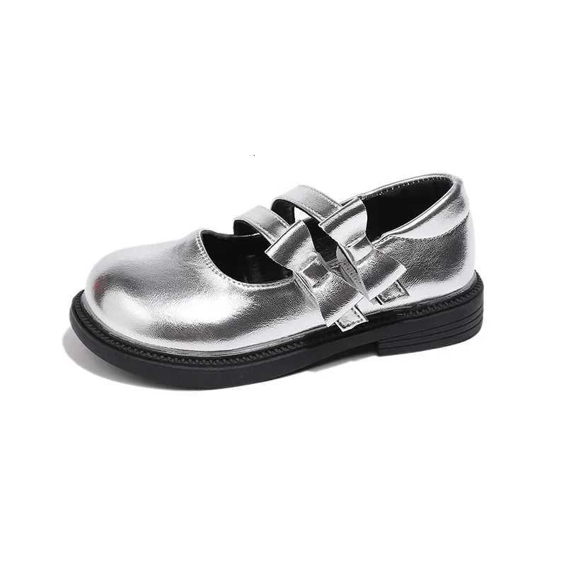 New Childrens Leather Shoes Sweet Princess Shoes for Girls Fashion Side Bowknot Kids Casual Silver Flat Shoes Simple Versatile XJ250724