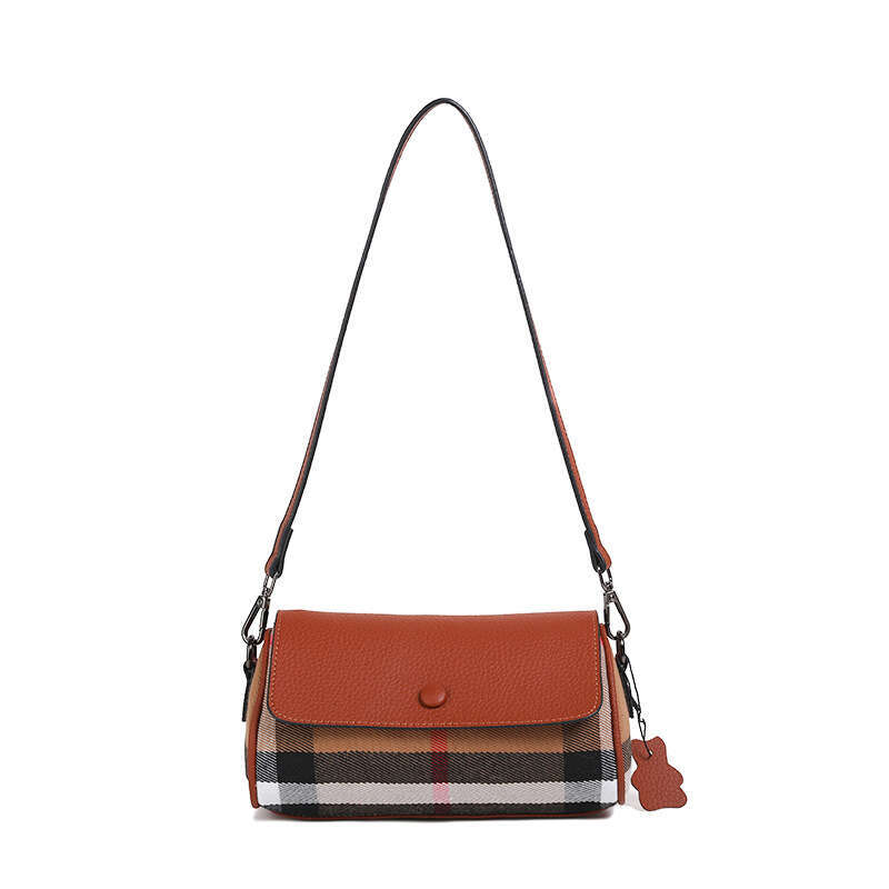 Plaid with Genuine Leather Flap Brown Cylindrical Women's New Simple Versatile Shoulder Crossbody Bag