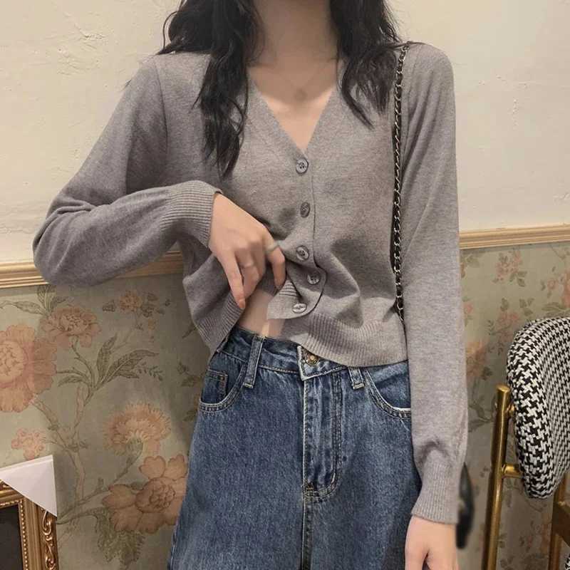 Womens Long Sleeve Cropped Cardigan V Neck Button Down Knit Lady Autumn Spring Knitted Single-breasted Cardigan Sweaters X2507241