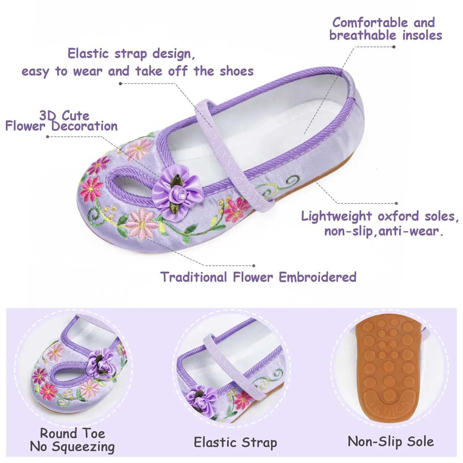 Girls Embroidery Floral Shoes Encanto Mirabel Princess Shoes Baby Vintage Ballerina Flats Comfortable Anti-Slip Low Heel Flats XJ250724