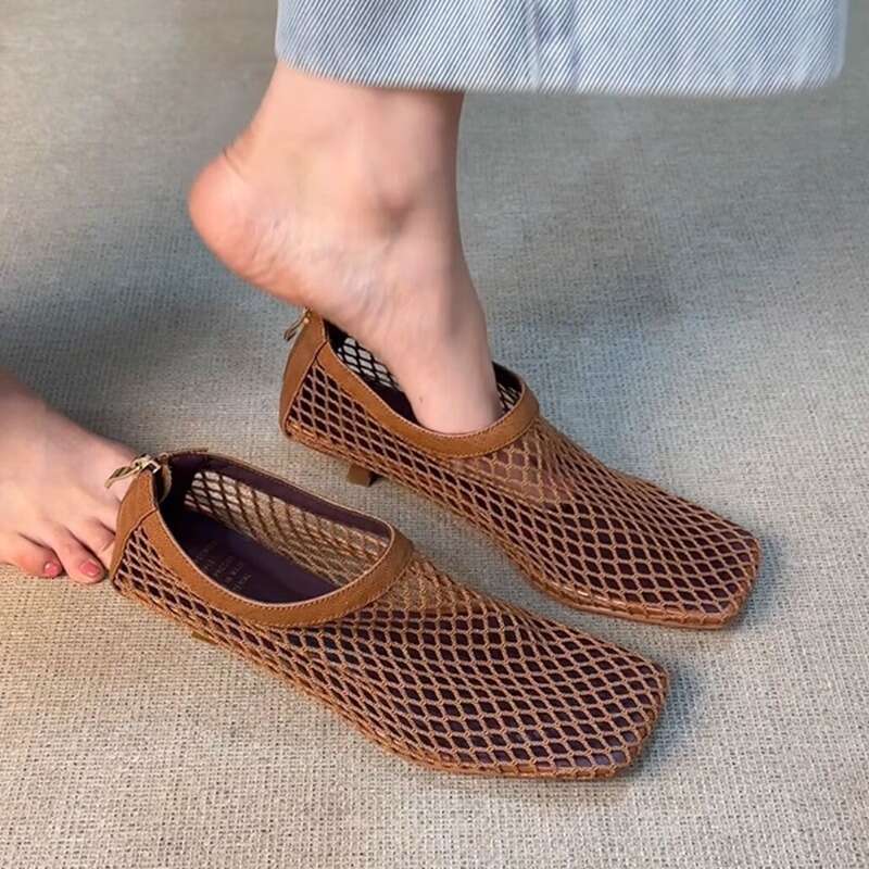 Heel Sandals Sandals Shoes Women Heels Niche Fishnet Hollow Breathable Square Toe Single Shoes Slip On Cat Heel Sandals Woven High Heels
