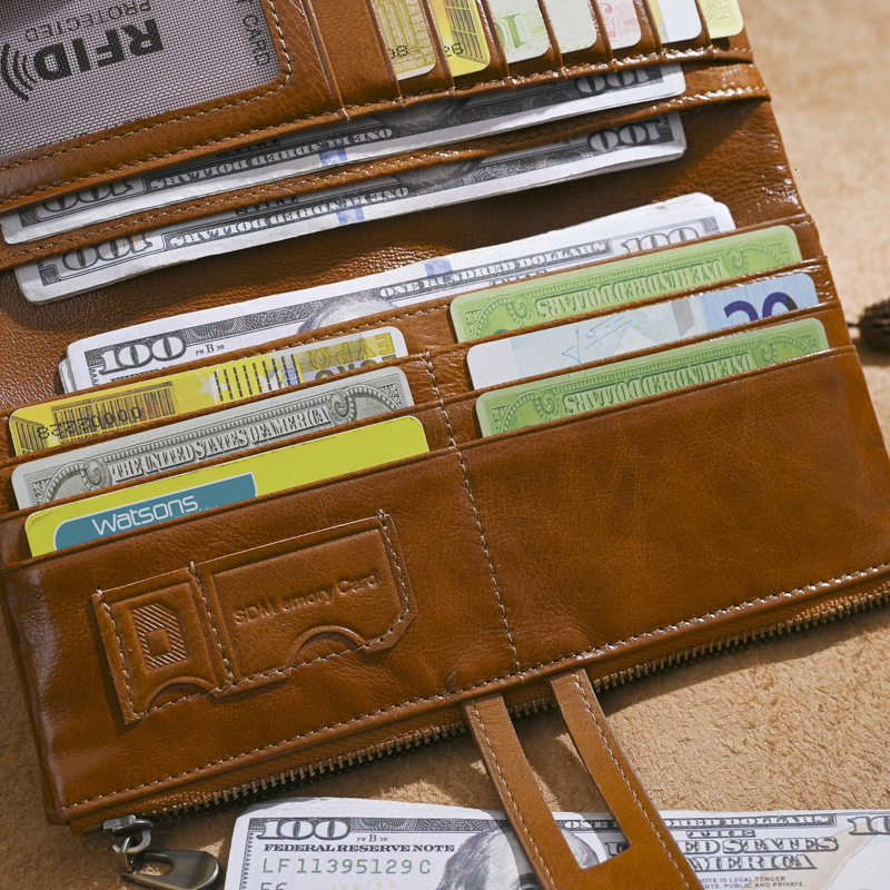 Free Shipping Designer Package Oil Wax Leather Long Wallet Cowhide Wallet Anti Magnetic Card Clip Genuine Leather Coin Wallet