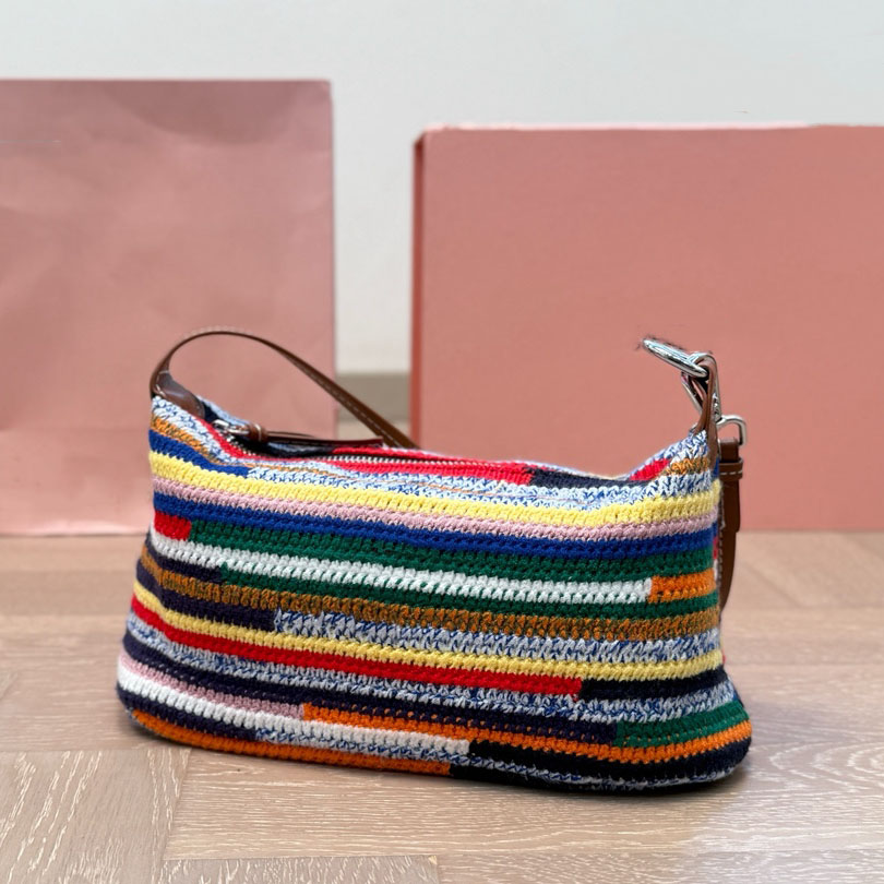 designer shoulder bag Rainbow Woven tote bag crochet knitting weekend bag large handbag summer Travel shopping Hobo Women beach bag Vegetable basket zipper purse
