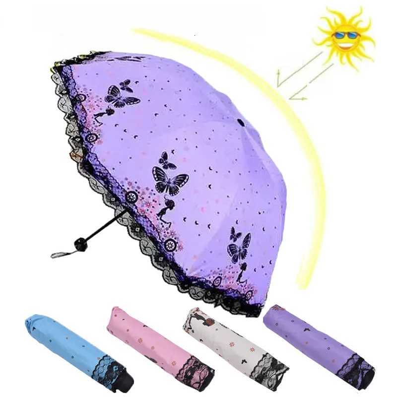 Butterfly Lace Printed Sunshade Umbrella For Both Rain Triple Fold Wind Resistant And Sun Resistant Black Rubber Umbrella R250724