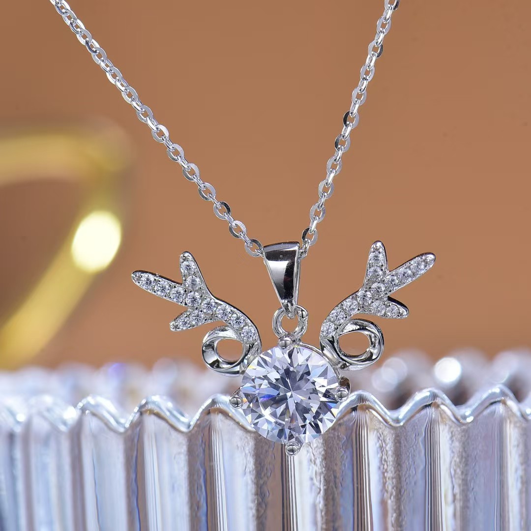 Cute Little Deer Antler Moissanite Pendant - Exquisitely Sparkling Lab - Grown Gem Jewelry