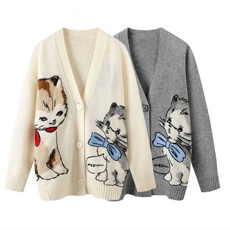Women Knitted Cardigans Cartoon Cat Pattern Retro Korean Chic Long Sleeve V-neck Sweater Coat Fashion Outerwear Loose Female Top X250724