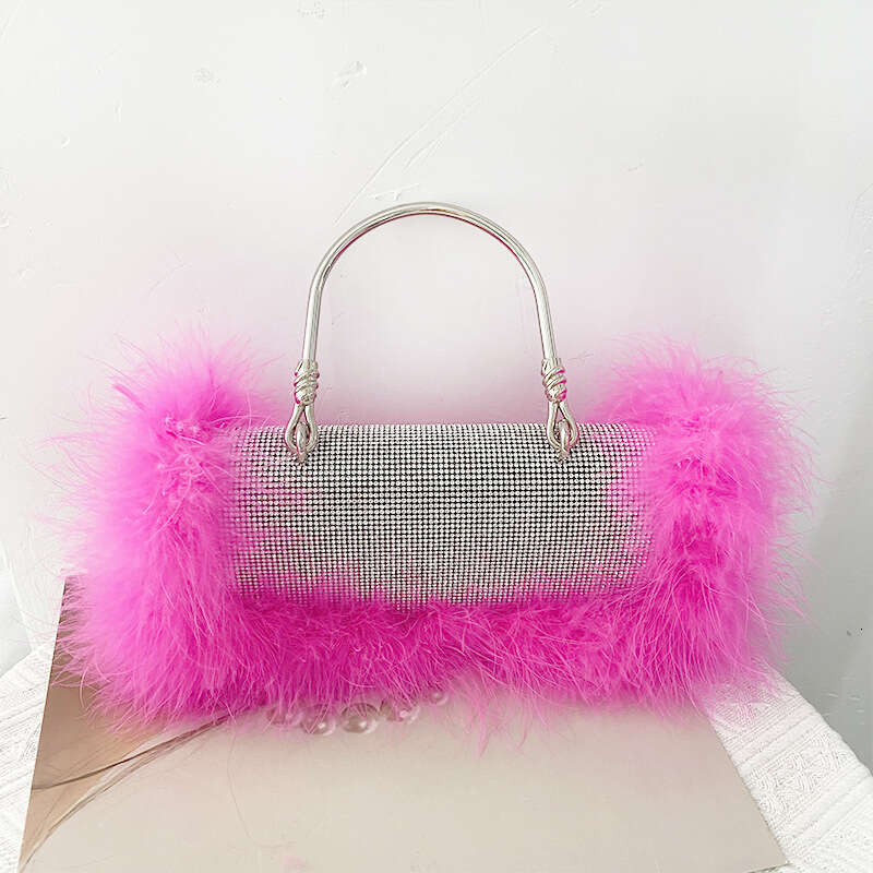 Designer Luxury Evening Diamond Niche Design Ostrich Feather Handbag Full Rhinestone Small Square Fluffy Crossbody Chain Evening Bag