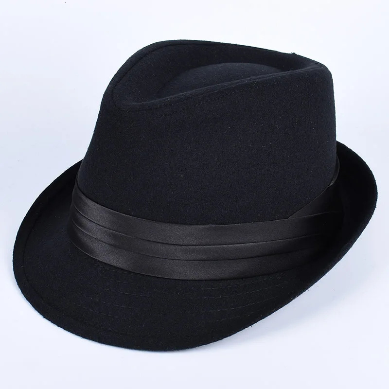 Classic Fedora Mens Hats Casual Short Sleeve Trilby Top Hat French England Elegant Ribbon Jazz Cap Fedoras Black Felt Hat 250722