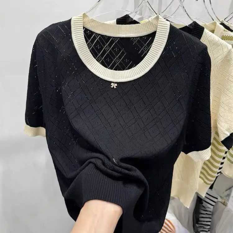 Ice Silk Knitted Sweater New Round Neck Contrasting Color Hollow Summer Fashion Loose Slim Versatile Short-Sleeve Top for Women X2507241