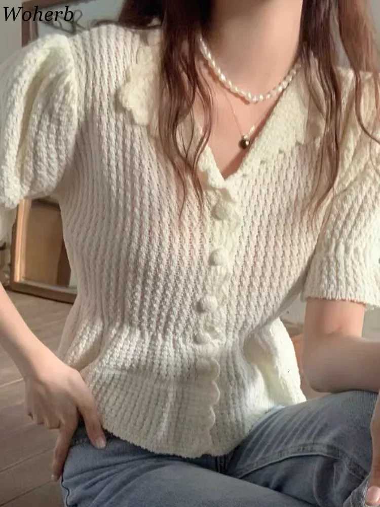 Woherb Knitted Turn Down Collar Cardigan Womens Y2k Short Sleeve Sweater Pull Femme 2025 Womens Fashion Korean Solid Tops X250724